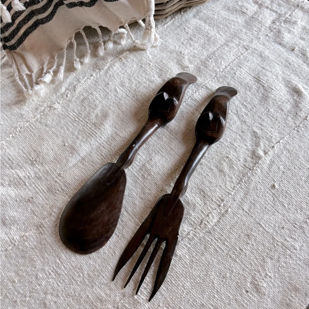Vintage Carved Wooden Salad Servers